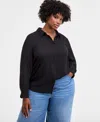 On 34th Trendy Plus Solid Button-front Collared Blouse, Macy's Exclusive In Blue