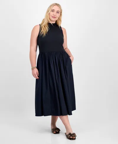 On 34th Trendy Plus Solid Mock-neck Sleeveless Midi Dress, Macy's Exclusive In Black