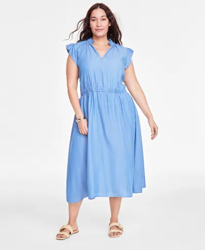 On 34th Trendy Plus Split-neck Flutter-sleeve Midi Dress, Exclusively At Macy's In Spring Wash