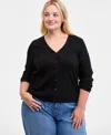 On 34th Trendy Plus Striped V-neck Button-front Cardigan, Macy's Exclusive In Black
