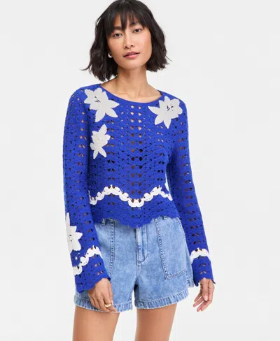 On 34th Women's 3d Flower Crochet Sweater, Macy's Exclusive In Blue