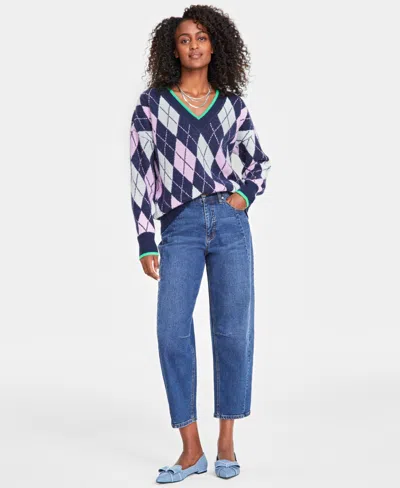 On 34th Women's Argyle V-neck Drop-shoulder Sweater, Created For Macy's In Alabaster