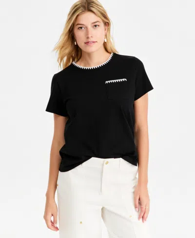 On 34th Women's Blanket-stitch Pocket T-shirt, Macy's Exclusive In Black