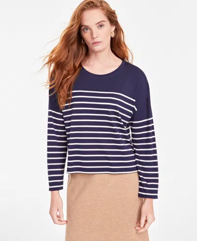 On 34th Women's Boxy Striped Long-sleeve T-shirt, Created For Macy's In Intrepid Blue Combo