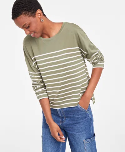 On 34th Women's Boxy Striped Long-sleeve T-shirt, Created For Macy's In Olivine Combo