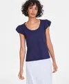 On 34th Women's Bubble-sleeve Scoop-neck T-shirt, Created For Macy's In Intrepid Blue