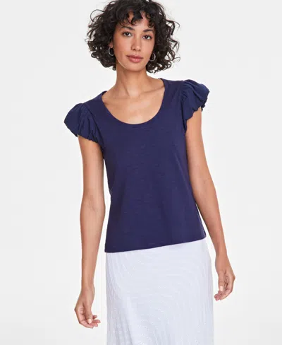On 34th Women's Bubble-sleeve Scoop-neck T-shirt, Created For Macy's In Intrepid Blue