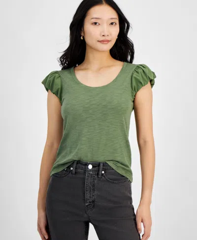 On 34th Women's Bubble-sleeve Scoop-neck T-shirt, Created For Macy's In Olivine