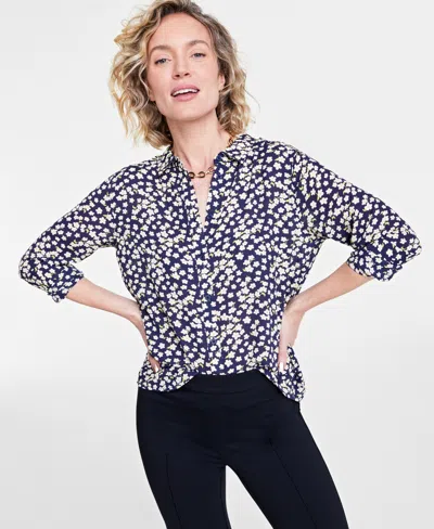 On 34th Women's Button-front Crepe Shirt, Created For Macy's In Blue Cream Cmb