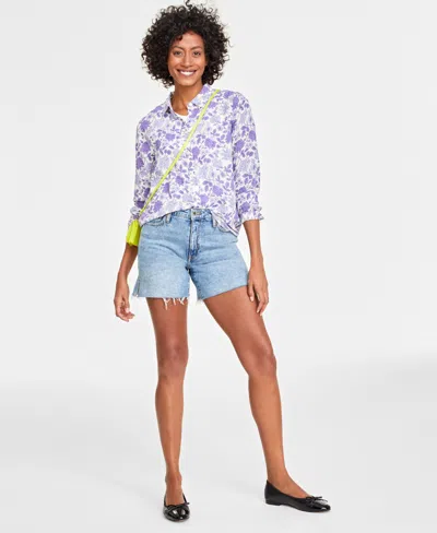 On 34th Women's Button-front Crepe Shirt, Created For Macy's In Cream Prple Cmb
