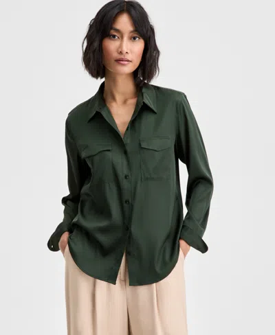 On 34th Women's Button-front Long-sleeve Satin Utility Shirt, Created For Macy's In Green