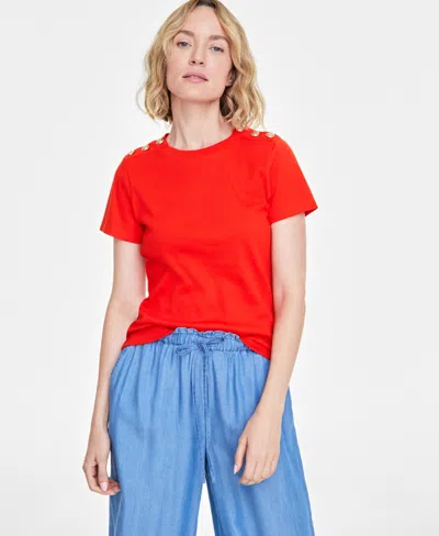 On 34th Women's Button-shoulder T-shirt, Created For Macy's In Fiery Red