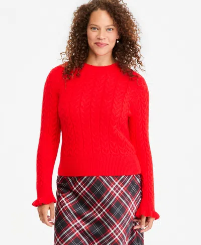 On 34th Women's Cable-knit Crewneck Ruffle Trim Sweater, Macy's Exclusive In Red
