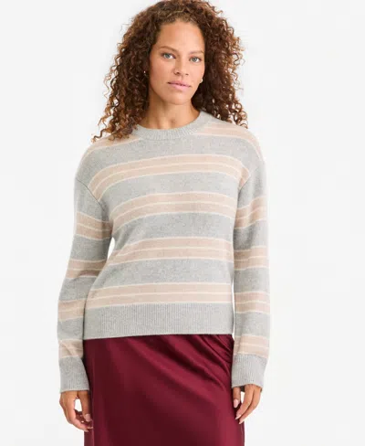 On 34th Women's Cashmere Crewneck Relaxed-fit Sweater, Macy's Exclusive In Light Grey Stripe