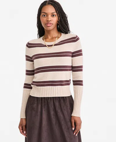 On 34th Women's Cashmere Crewneck Shrunken Pullover Sweater, Macy's Exclusive In Soft Stripe Oatmeal