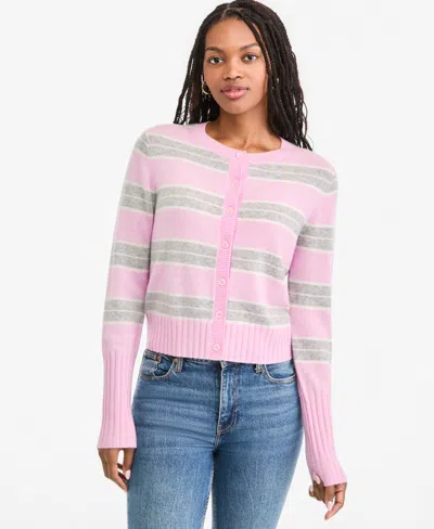 On 34th Women's Cashmere Cropped Shrunken Crew Cardigan, Macy's Exclusive In Soft Stripe Pink