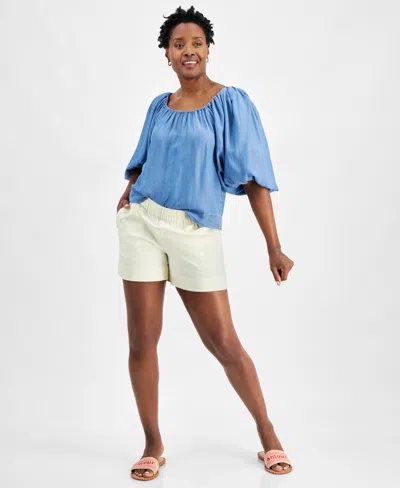 On 34th Women's Chambray Balloon-sleeve Top, Created For Macy's In Spring Wash