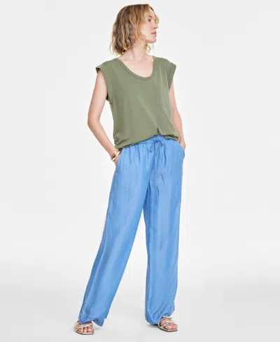 On 34th Women's Chambray Drawstring Wide-leg Pants, Created For Macy's In Spring Wash
