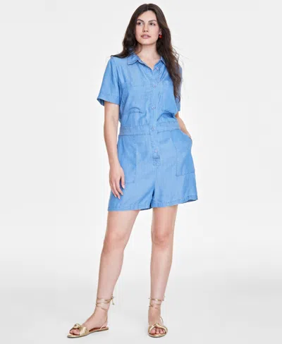 On 34th Women's Chambray Utility Romper, Created For Macy's In Spring Wash