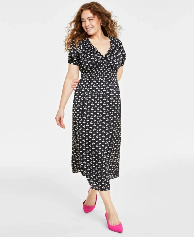 On 34th Women's Cherry Print Short-sleeve Midi Dress, Created For Macy's In Deep Black Combo
