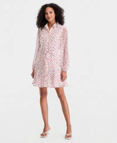 On 34th Women's Cherry Print Tie-belt Button-front Dress, Macy's Exclusive In Pink