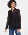 On 34th Women's Chiffon Flocked Polka-dot Shirt, Created For Macy's In Deep Black