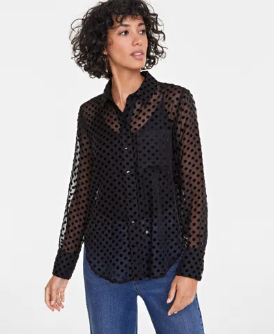 On 34th Women's Chiffon Flocked Polka-dot Shirt, Created For Macy's In Deep Black