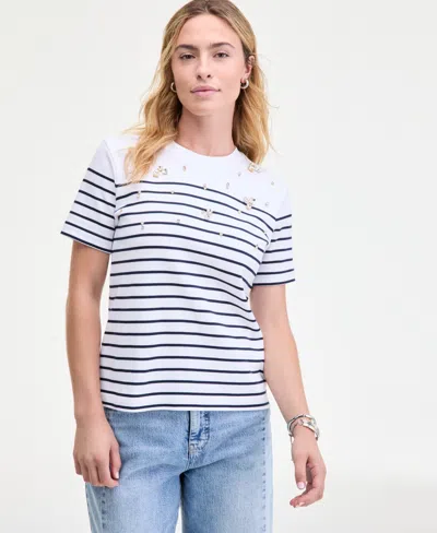 On 34th Women's Classic Stripe Embellished Cotton T-shirt, Macy's Exclusive In Multi