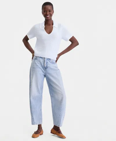 On 34th Women's Collared Short-sleeve Crochet Sweater, Macy's Exclusive In Blue