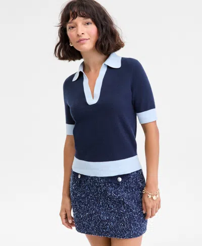 On 34th Women's Colorblocked Polo Short Sleeve Sweater, Macy's Exclusive In Blue