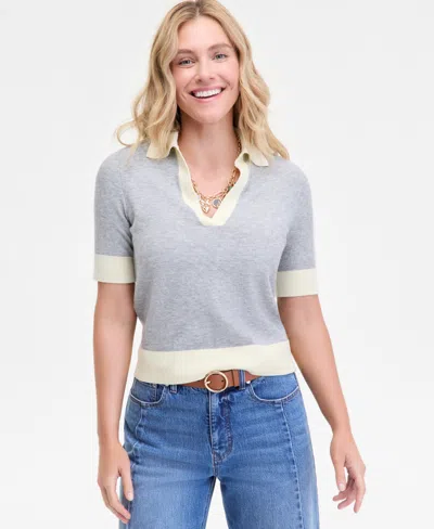 On 34th Women's Colorblocked Polo Short Sleeve Sweater, Macy's Exclusive In Gray