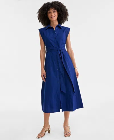 On 34th Women's Cotton Belted Midi Shirtdress, Exclusively At Macy's In Blazing Navy