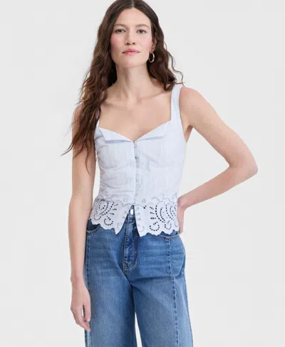 On 34th Women's Cotton Button-front Cutwork Tank Top, Macy's Exclusive In Blue