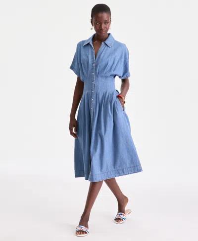 On 34th Women's Cotton Denim Pleated Shirtdress, Macy's Exclusive In Blue