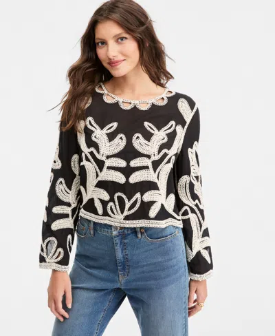 On 34th Women's Cotton Embroidered Cutwork Top, Macy's Exclusive In Deep Black