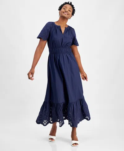On 34th Women's Cotton Embroidered Maxi Dress, Created For Macy's In Intrepid Blue