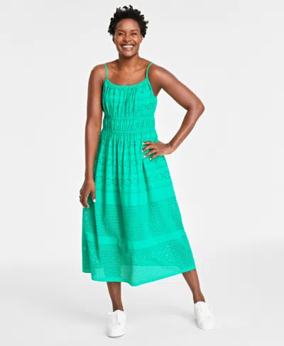 On 34th Women's Cotton Eyelet Smocked-waist Dress, Created For Macy's In Scuba Green