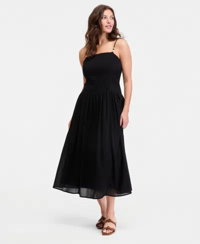 On 34th Women's Cotton Gauze Curved-waist Mixed-media Midi Dress, Macy's Exclusive In Black