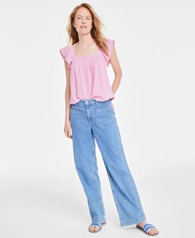 On 34th Women's Cotton Gauze Flutter-sleeve Top, Created For Macy's In Pink Lilac