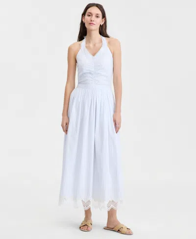On 34th Women's Cotton Maritime Stripe Halter Lace-trim Midi Dress, Macy's Exclusive In White