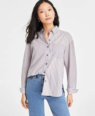 On 34th Women's Cotton Multi-stripe Relaxed Shirt, Created For Macy's In Pink Dogwood Combo