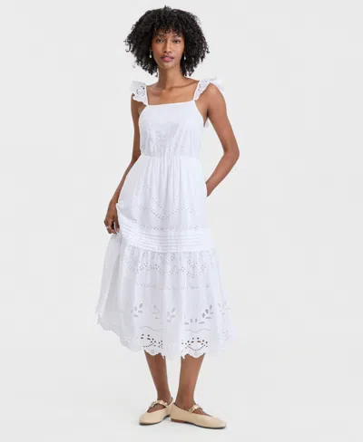 On 34th Women's Cotton Poplin Eyelet Pintucked Midi Dress, Macy's Exclusive In White