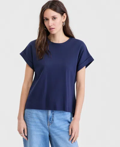 On 34th Women's Cotton Roll-cuff Easy Crewneck Tee, Macy's Exclusive In Blue