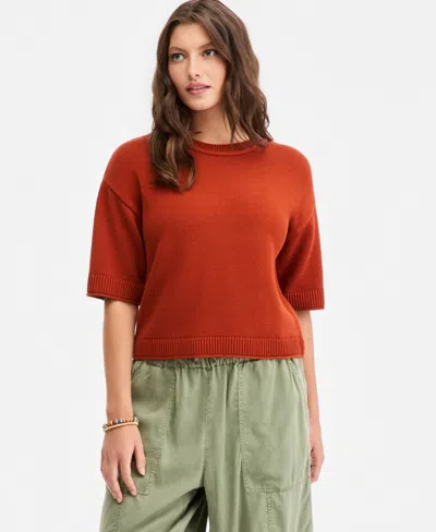 On 34th Women's Cotton Short-sleeve Relaxed Crew Sweater, Macy's Exclusive In Red