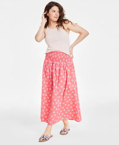 On 34th Women's Cotton Smocked Maxi Skirt, Created For Macy's In Penny Coral Combo
