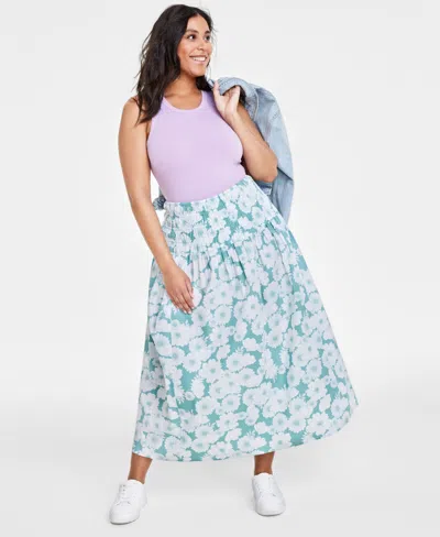 On 34th Women's Cotton Smocked Maxi Skirt, Created For Macy's In Sea Spray Combo
