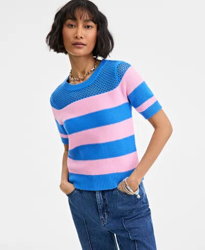 On 34th Women's Cotton Striped Perforated-stitch Sweater, Exclusively At Macy's In Beach Blue Combo