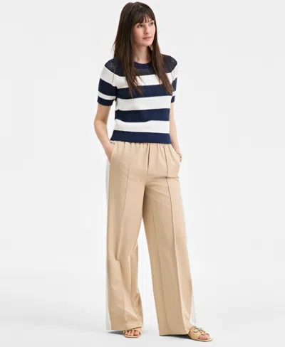 On 34th Women's Cotton Striped Perforated-stitch Sweater, Exclusively At Macy's In Intrepid Combo