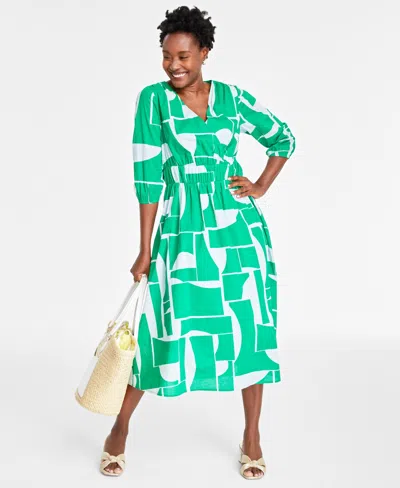 On 34th Women's Cotton Surplice-neck 3/4-sleeve Midi Dress, Created For Macy's In Bright Pine