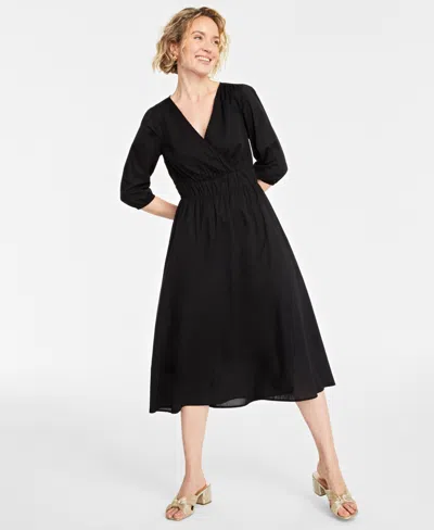 On 34th Women's Cotton Surplice-neck 3/4-sleeve Midi Dress